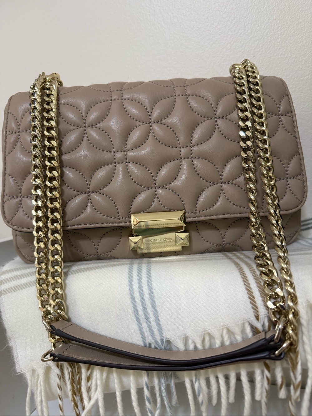 Michael Kors Sloan Quilted Taupe Leather Shoulder Bag with Gold Chain